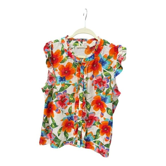 SUNNY LEIGH women's flowy ruffle floral blouse white background size large beach - Picture 2 of 6